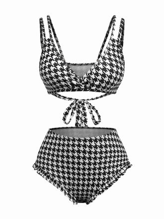 Ensemble bikini à lacets pied-de-poule noir des années 1930