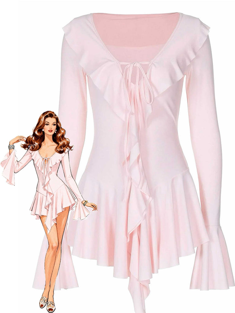 Robe rose col en V et manches évasées volants années 60