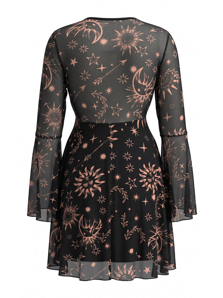[Grande Taille] Robe Punk noire à imprimé soleil, résille et manches longues années 1980