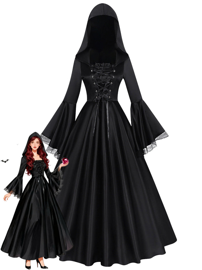 Robe longue noire médiévale à capuche pour cosplay de sorcière années 1970