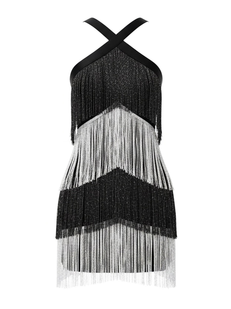 Robe de cocktail noire à bretelles franges et sequins années 1920