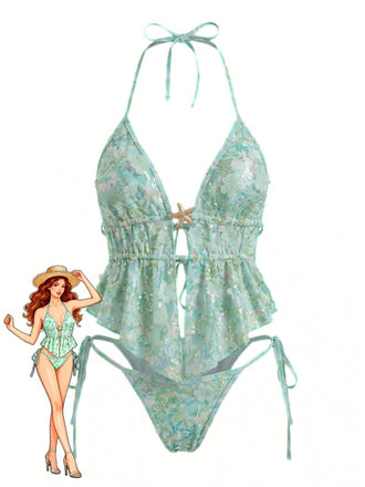Ensemble bikini turquoise à sequins floraux et bretelles dos nu, style années 60 - mode vintage, style rétro