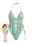 Ensemble bikini col halter à nouer sequins fleuris turquoise 1960s