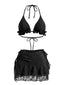 Ensemble bikini noir col halter et cache-maillot fleurie années 1960
