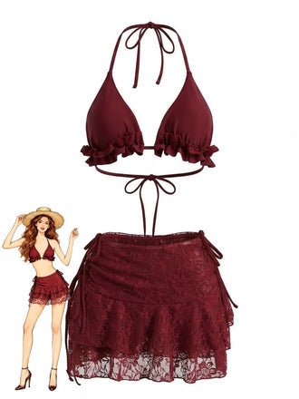 bikini col halter et cache-maillot fleurie 