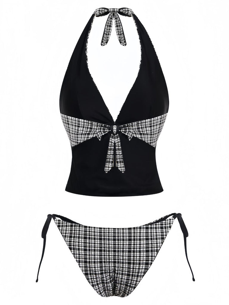 black-1960s-plaid-deep-v-halter-tankini-set-back-view
