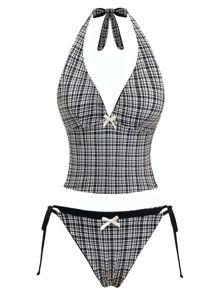Retro black plaid halter tankini set featuring deep V-neck styling and classic 1960s charm, ideal for summer swimming and beachside activities