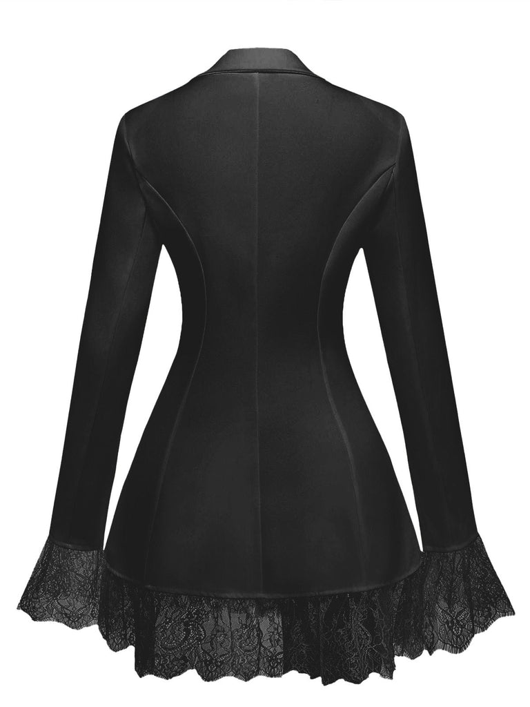 Rear view of the fitted black blazer dress highlighting the sleek silhouette and lace detailing.