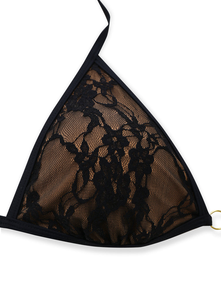 Noir Halter Floral Dentelle Ensemble Bikini Années 1970 3