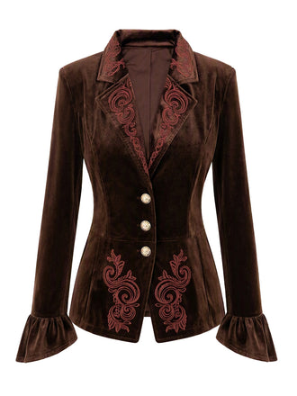 Blazer ajusté marron en velours à fleurs brodées et poignets évasés Années 1950 - 2