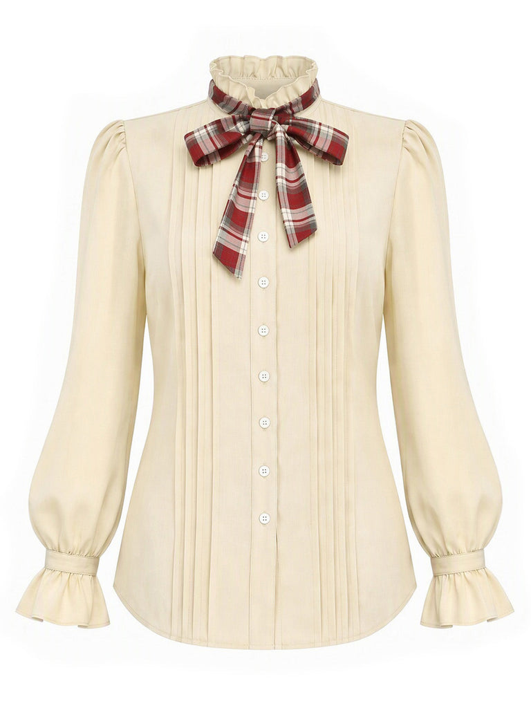 [Prévente] Blouse beige à carreaux, nœud, col volanté et manches bouffantes années 1970 - 2
