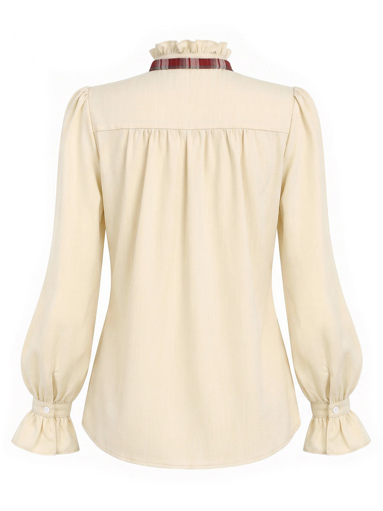 [Prévente] Blouse beige à carreaux, nœud, col volanté et manches bouffantes années 1970 - 4