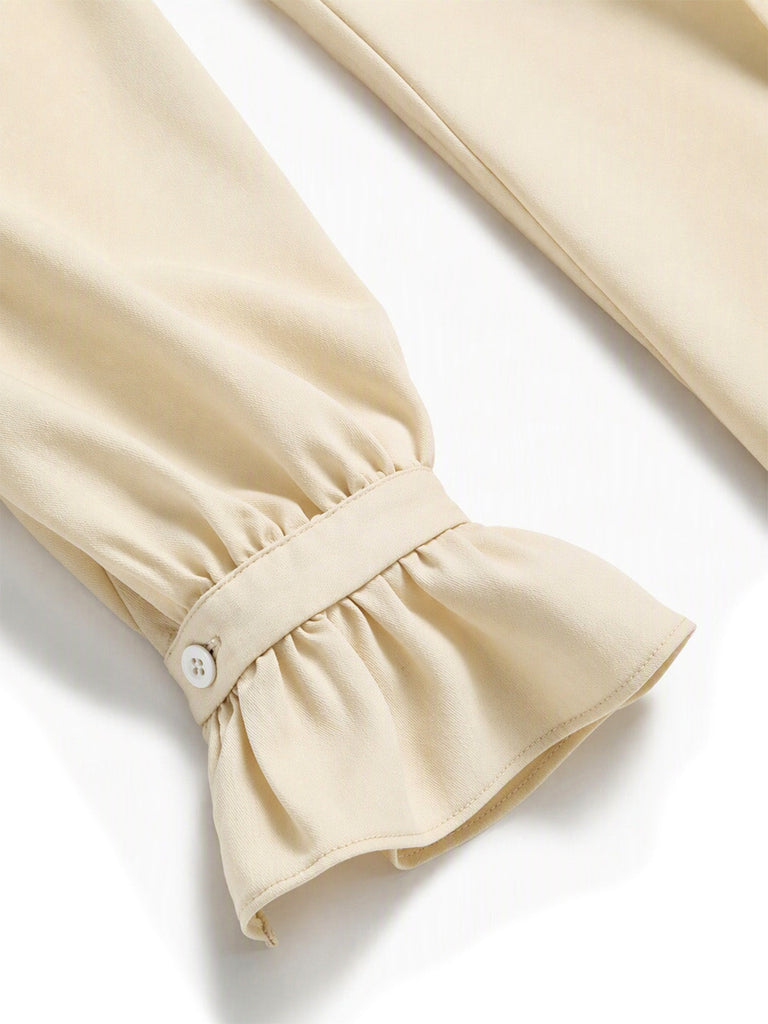 [Prévente] Blouse beige à carreaux, nœud, col volanté et manches bouffantes années 1970 - 5
