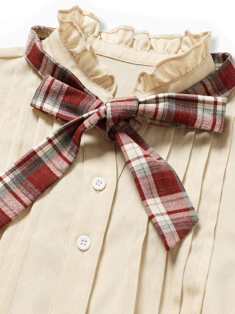 [Prévente] Blouse beige à carreaux, nœud, col volanté et manches bouffantes années 1970 - 6
