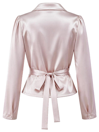 [Prévente] Blouse lavande en satin à col V, fronces et cordon années 1960 - 2