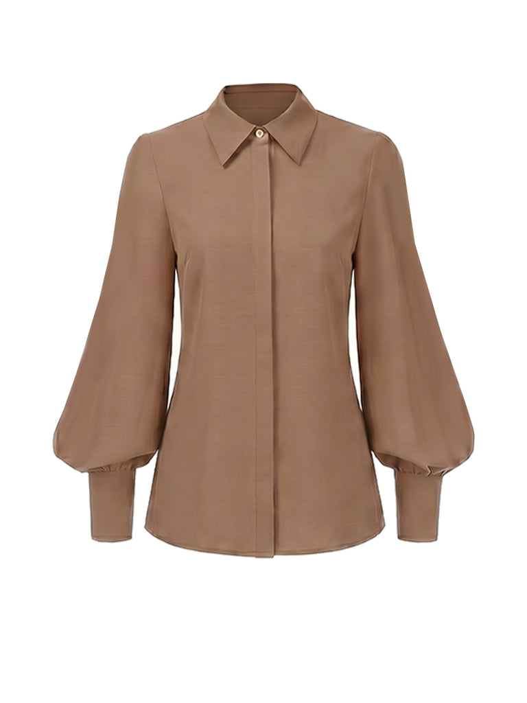 [Prévente] Blouse Marron à Revers, Manches Lanternes et Patte de Boutonnage Cachée Années 1940 - 1