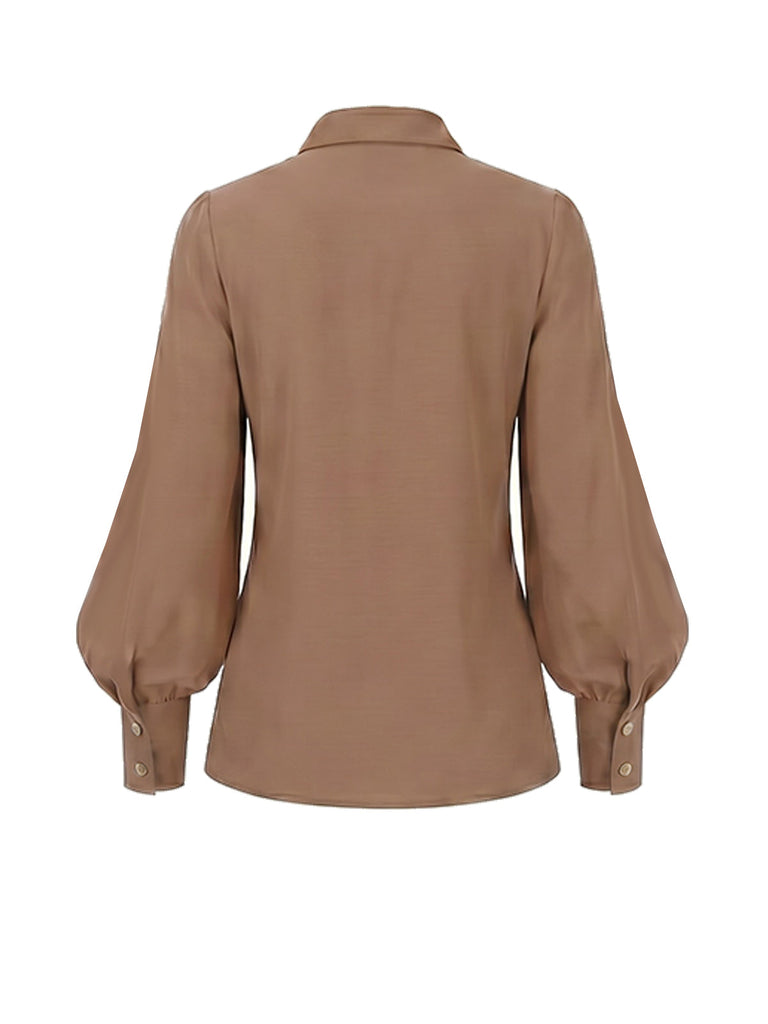 [Prévente] Blouse Marron à Revers, Manches Lanternes et Patte de Boutonnage Cachée Années 1940 - 2