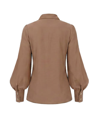 [Prévente] Blouse Marron à Revers, Manches Lanternes et Patte de Boutonnage Cachée Années 1940 - 2