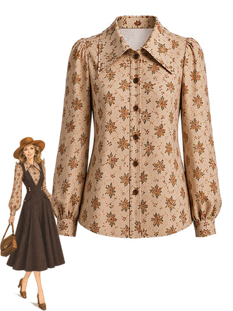 [Prévente] Blouse Multicolore à Imprimé Floral, Manches Longues et Boutonnage Devant Années 1970 - 1