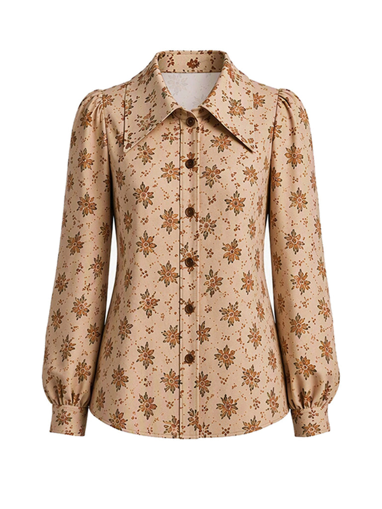 [Prévente] Blouse Multicolore à Imprimé Floral, Manches Longues et Boutonnage Devant Années 1970 - 2