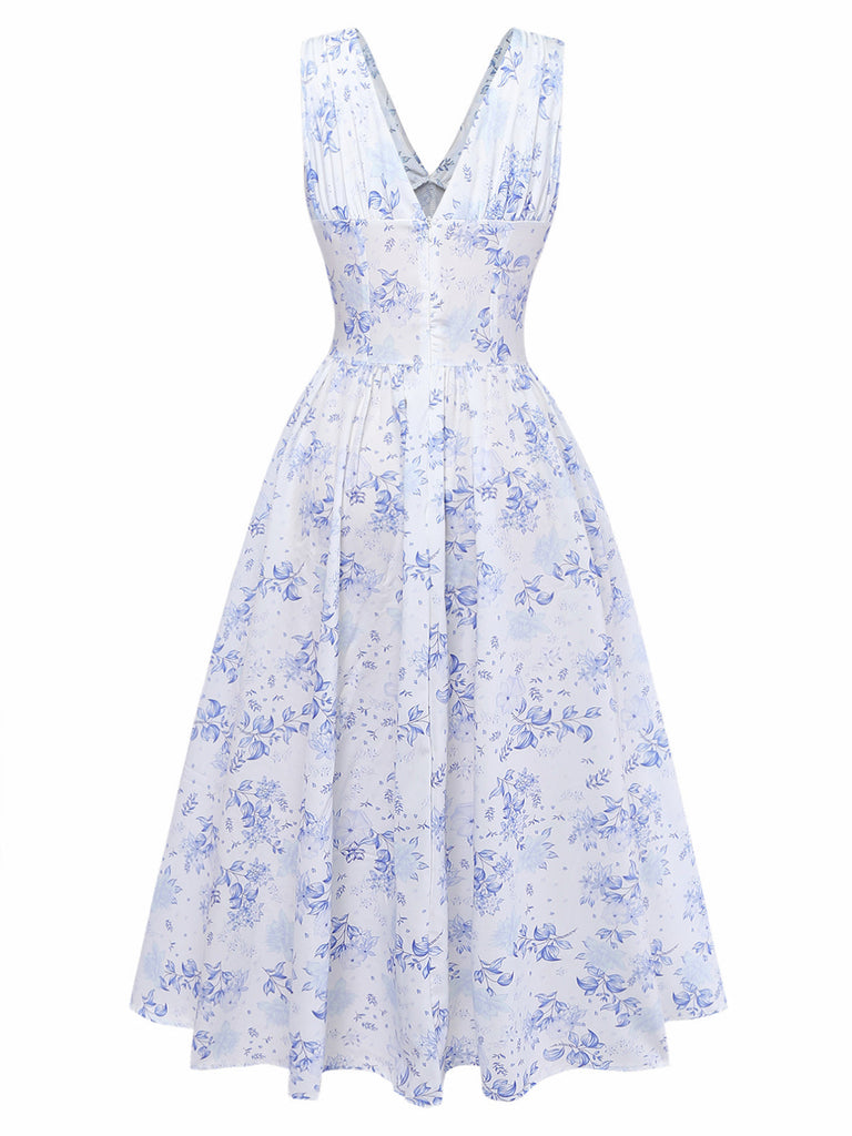 Bleu Floral Profond V Sans Manches Corset Robe Midi Années 1950 3
