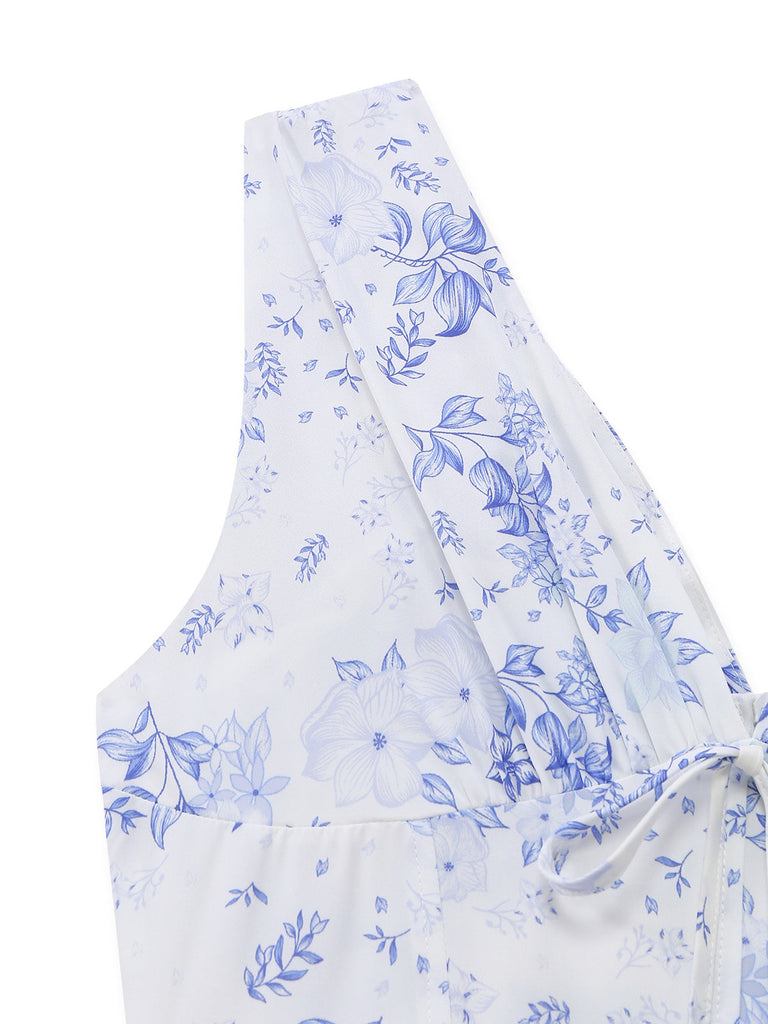 Bleu Floral Profond V Sans Manches Corset Robe Midi Années 1950 5