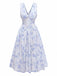 Bleu Floral Profond V Sans Manches Corset Robe Midi Années 1950 2
