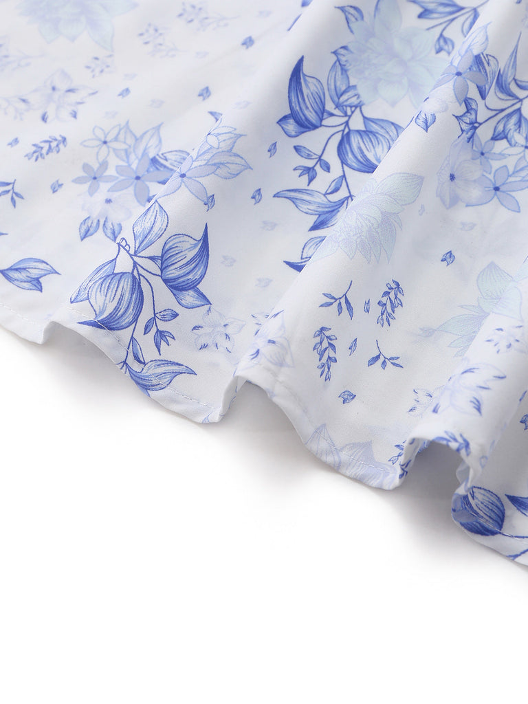 Bleu Floral Profond V Sans Manches Corset Robe Midi Années 1950 6