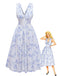 Bleu Floral Profond V Sans Manches Corset Robe Midi Années 1950