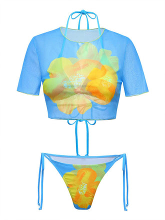 3PCS Ciel Bleu Floral Ensemble Bikini & Haut Court Années 1960 2