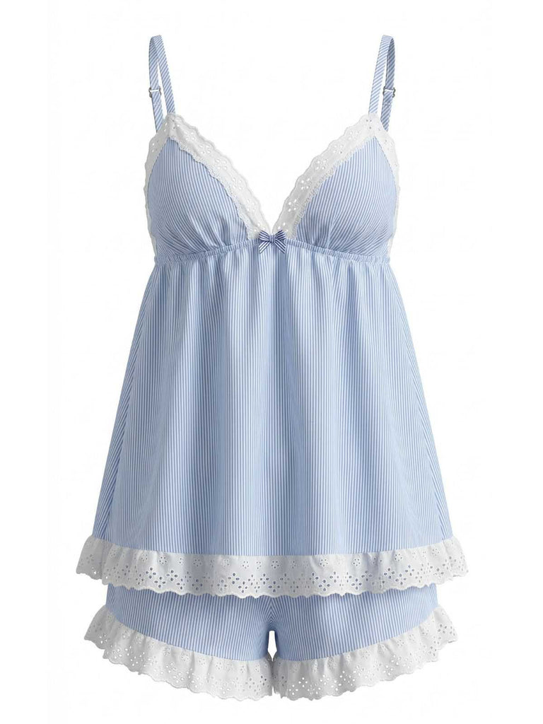 Front studio view of the blue and white striped sleeveless camisole and matching eyelet lace-trimmed shorts.