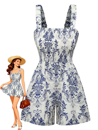 Bleu Baroque Smocké Bretelles Combishort Années 1970