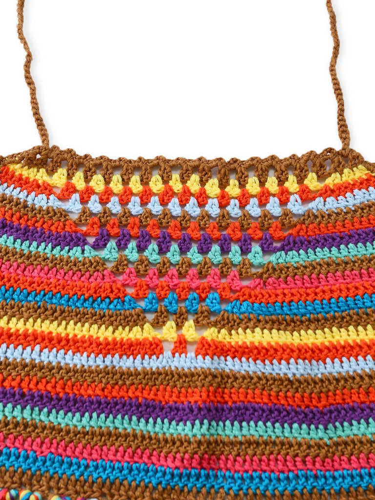 Multicolore Rayé Pompon Crochet Halter Ensemble Bikini Années 1970 4