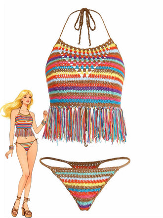 Multicolore Rayé Pompon Crochet Halter Ensemble Bikini Années 1970
