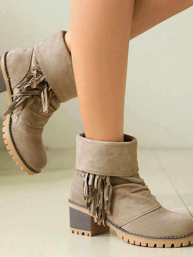 Bottes en suédine à revers modulable, franges et talons épais - 15