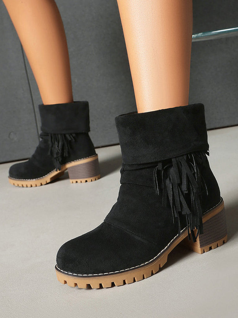 Bottes en suédine à revers modulable, franges et talons épais - 3