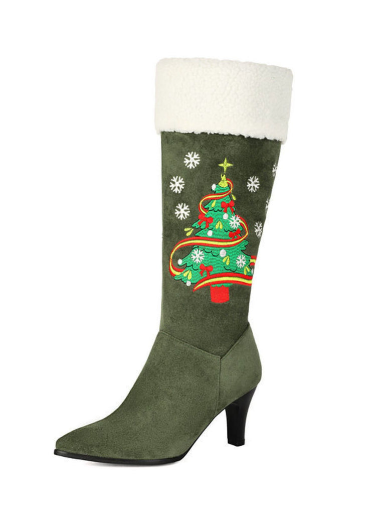 Bottes en suédine à talons hauts et sapins de Noël brodés - 1
