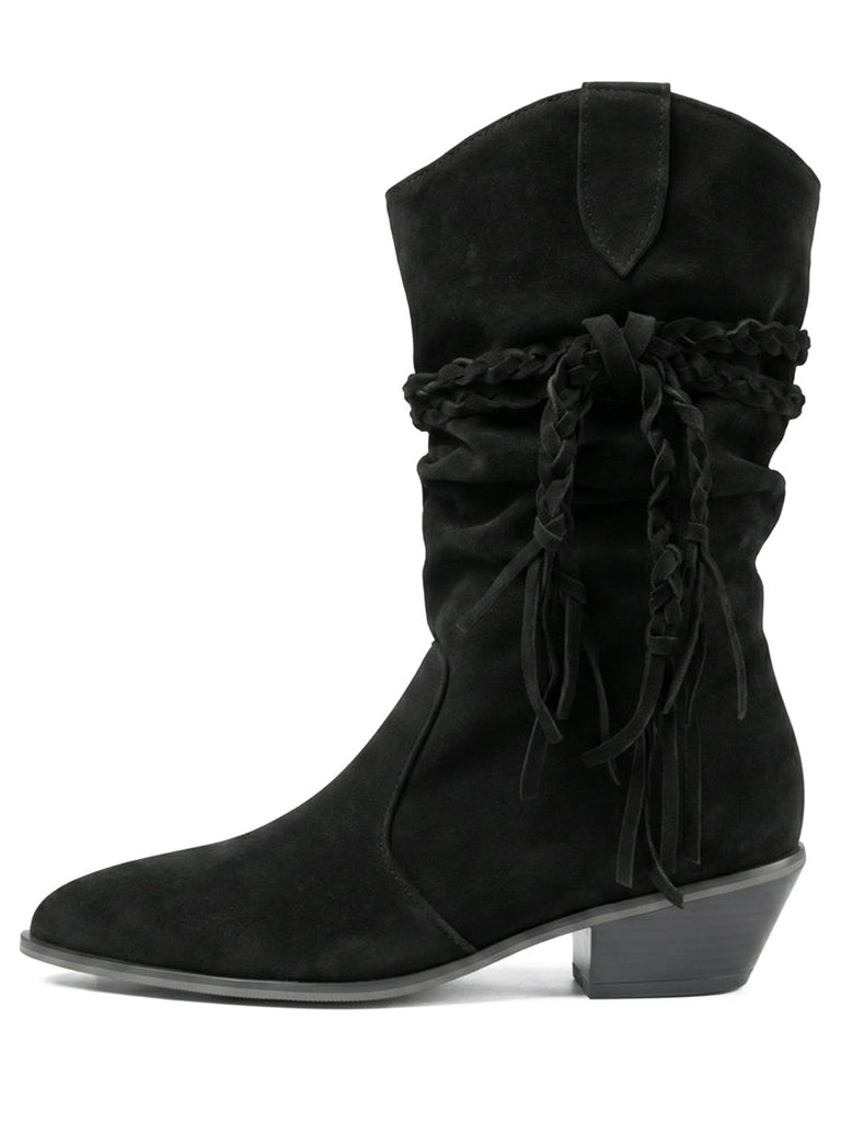 Bottes western noires mi-mollet en velours à brides tressées - 4