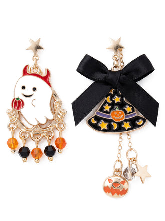 Boucles d’Oreilles Halloween Orange et Noires à Fantôme et Chapeau de Sorcière - 1