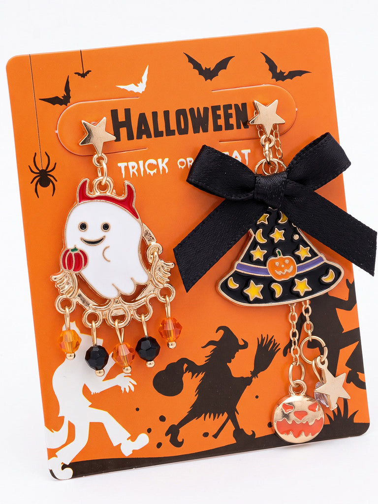 Boucles d’Oreilles Halloween Orange et Noires à Fantôme et Chapeau de Sorcière - 2