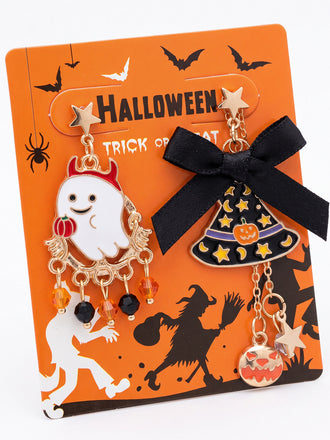 Boucles d’Oreilles Halloween Orange et Noires à Fantôme et Chapeau de Sorcière - 2
