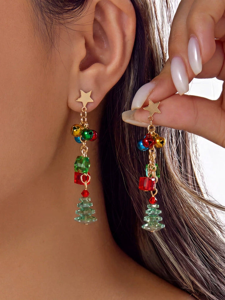 Boucles d’oreilles pendantes de Noël rouges et vertes sapin et clochette - 2
