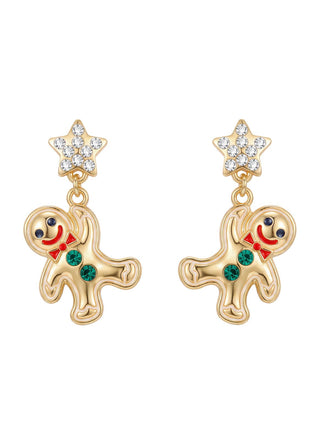 Boucles d’oreilles pendantes dorées bonhommes en pain d’épices de Noël en strass - 1