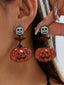 Boucles d’Oreilles Pendantes Halloween Orange à Crâne Citrouille et Chauve-Souris