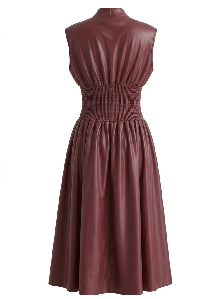 Bordeaux Faux Cuir Manches Courtes Waisted Robe Années 1940 3