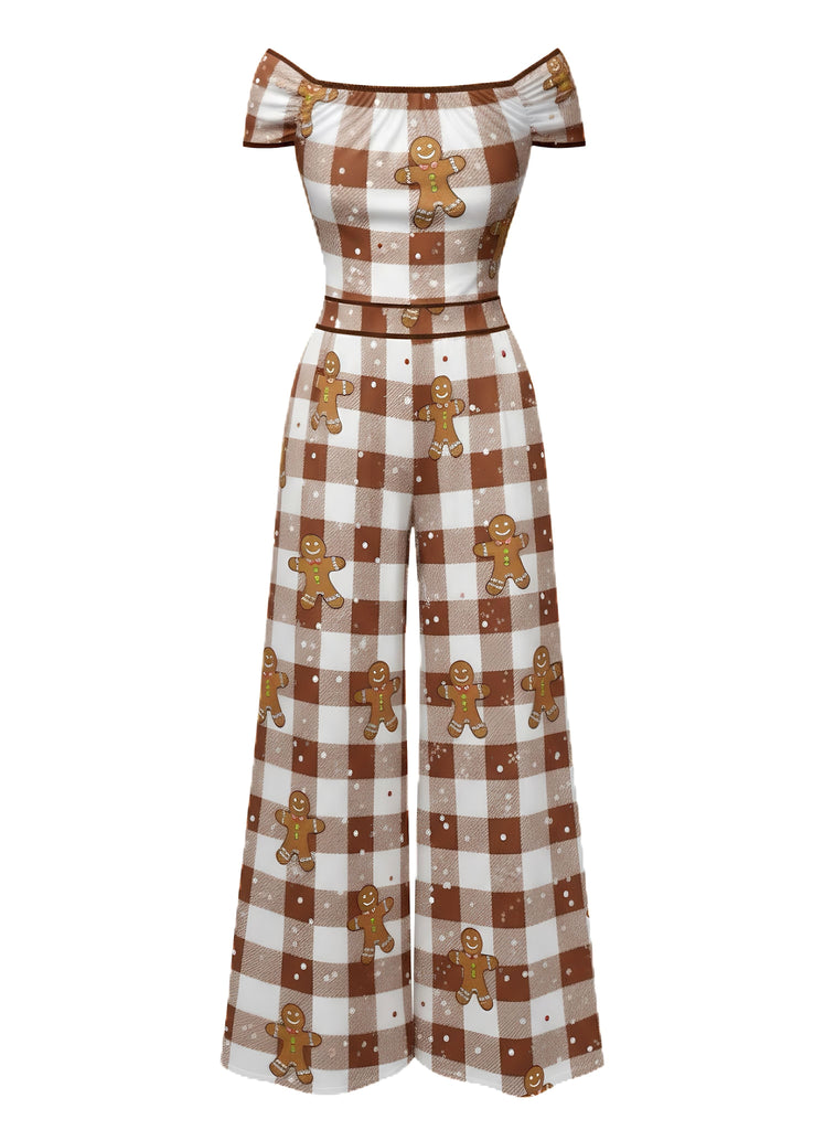 [Pré-vente] Combinaison marron à épaules dénudées carreaux et pain d'épices des années 1960