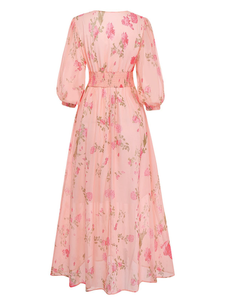 Robe en mousseline rose pâle à fleurs et col en V années 1930