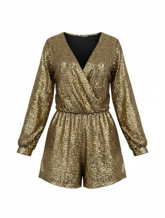 Combishort à manches longues et col en V à sequins années 1970