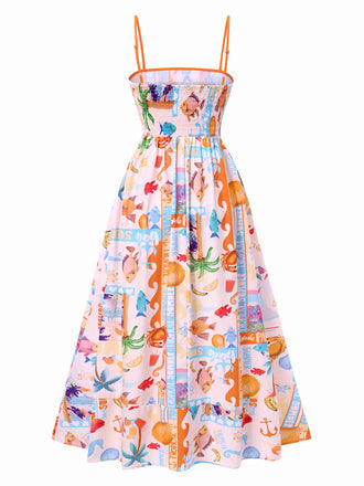 Robe longue à bretelles multicolore motif vie marine des années 1970