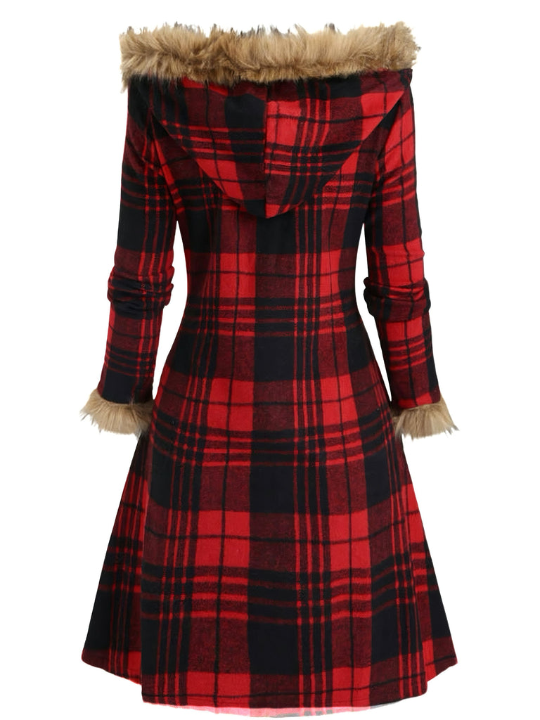 Manteau à capuche à carreaux et bordure en fausse fourrure années 1940